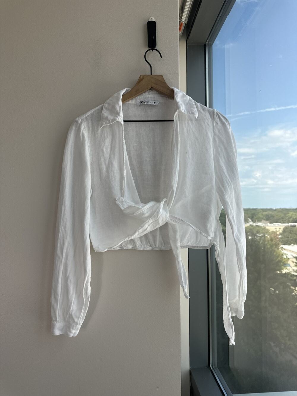 Zara 100% Linen White Crop Top Long Sleeve Sz S